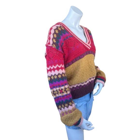 Sundance Multicolor Striped Fair Isle Rainbow Chunky VNeck Wool Blend Sweater XS - Picture 3 of 8